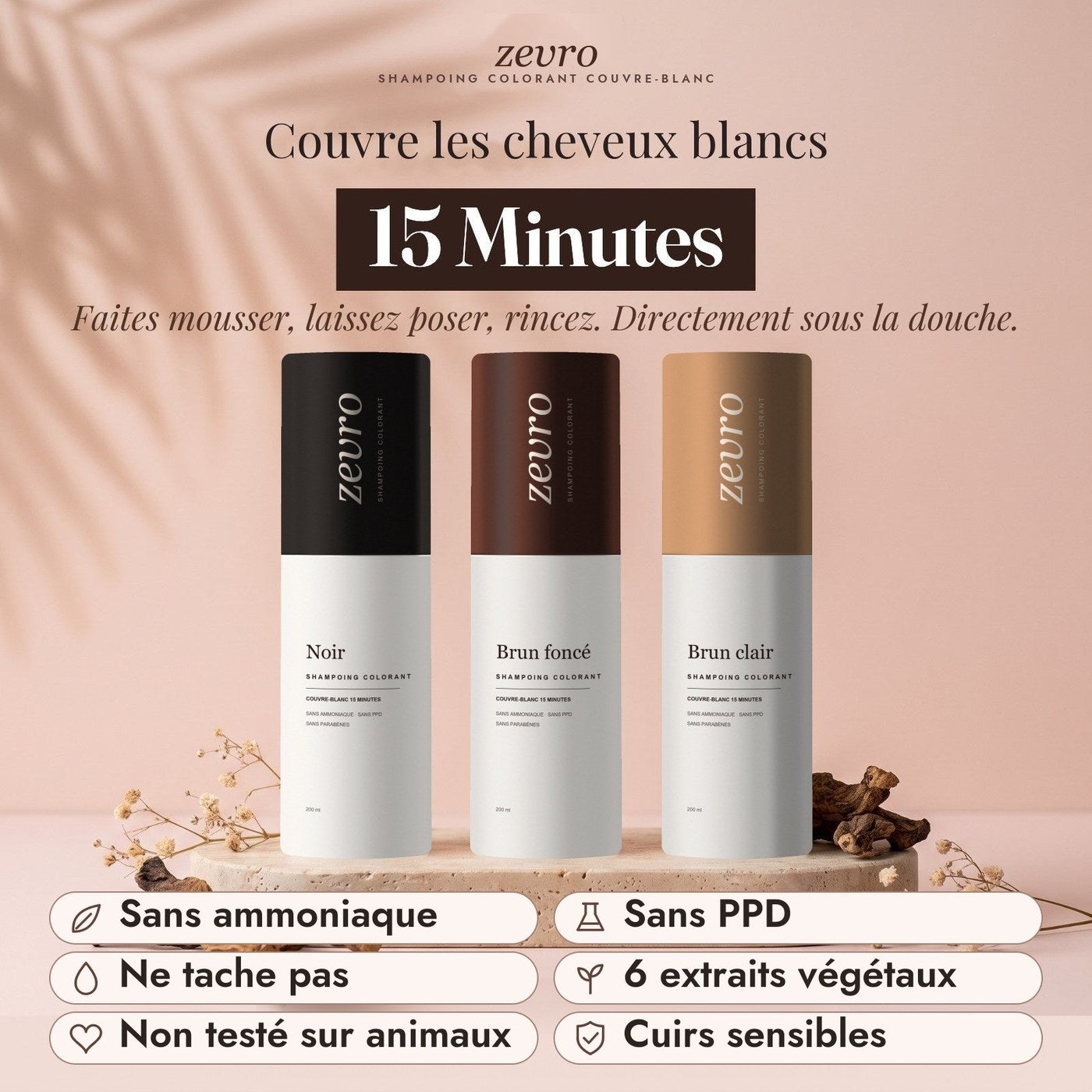 Shampoing colorant couvre-blanc 15 minutes, trois teintes : Noir, Brun foncé et Brun clair